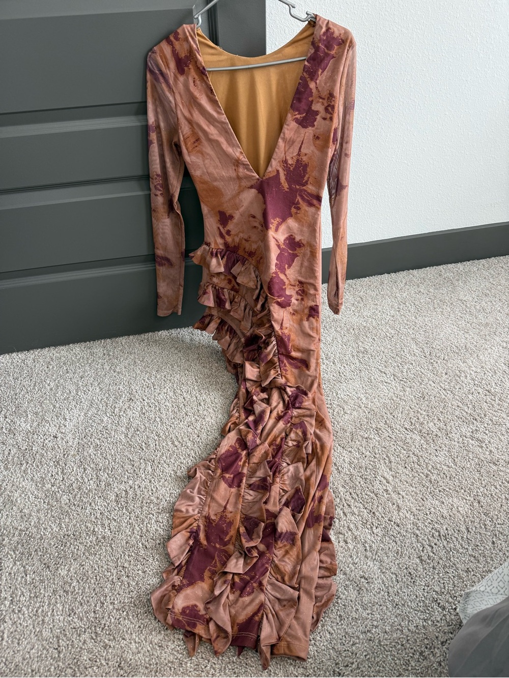 Long Sleeve Ruffle Maxi Dress in Rust Pink